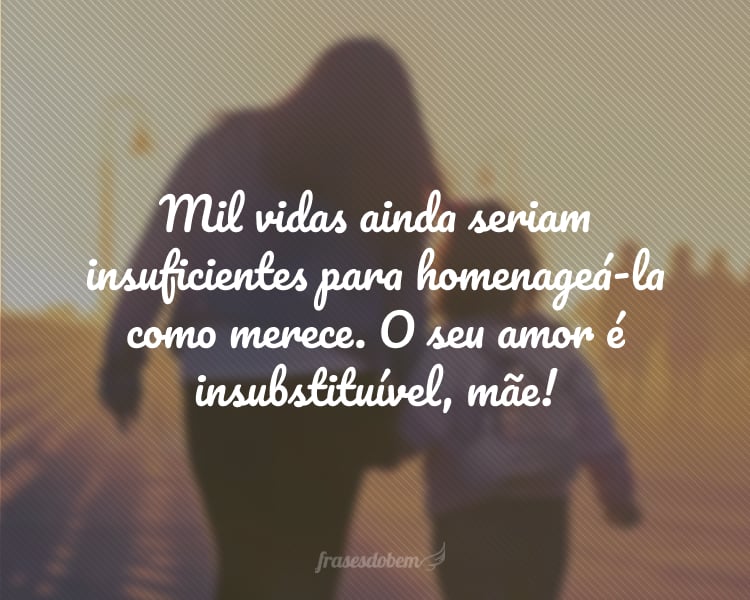 Mil vidas ainda seriam insuficientes para homenageá-la como merece. O seu amor é insubstituível, mãe!