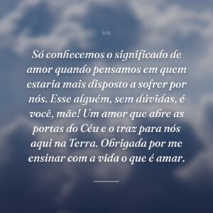 Só conhecemos o significado de amor quando pensamos em quem estaria mais disposto a sofrer por nós. Esse alguém, sem dúvidas, é você, mãe! Um amor que abre as portas do Céu e o traz para nós aqui na Terra. Obrigada por me ensinar com a vida o que é amar.