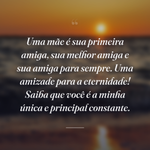 Uma mãe é sua primeira amiga, sua melhor amiga e sua amiga para sempre. Uma amizade para a eternidade! Saiba que você é a minha única e principal constante.