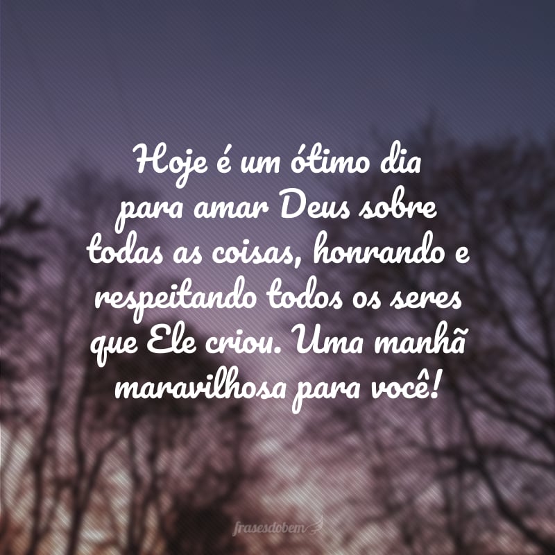 Hoje é um ótimo dia para amar Deus sobre todas as coisas, honrando e respeitando todos os seres que Ele criou. Uma manhã maravilhosa para você!