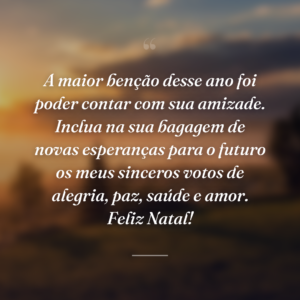 A maior benção desse ano foi poder contar com sua amizade. Inclua na sua bagagem de novas esperanças para o futuro os meus sinceros votos de alegria, paz, saúde e amor. Feliz Natal!