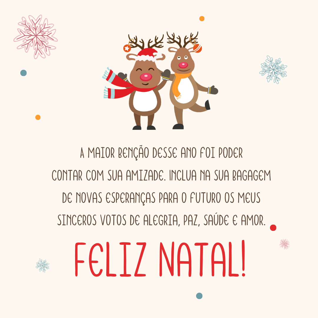 A maior benção desse ano foi poder contar com sua amizade. Inclua na sua bagagem de novas esperanças para o futuro os meus sinceros votos de alegria, paz, saúde e amor. Feliz Natal!