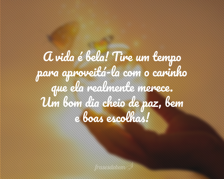A vida é bela! Tire um tempo para aproveitá-la com o carinho que ela realmente merece. Um bom dia cheio de paz, bem e boas escolhas!