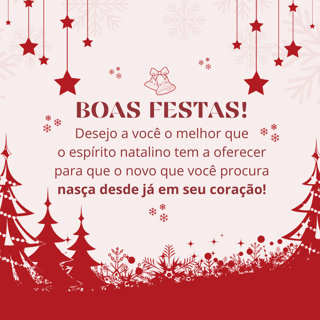 O Natal é sinônimo de união. O Amor nasce mais uma vez em nosso meio. É tempo de se doar, de dividir esse sentimento bom e de compartilhá-lo com todos ao seu redor. Desejo a você o melhor que o espírito natalino tem a oferecer para que o novo que você procura nasça desde já em seu coração!