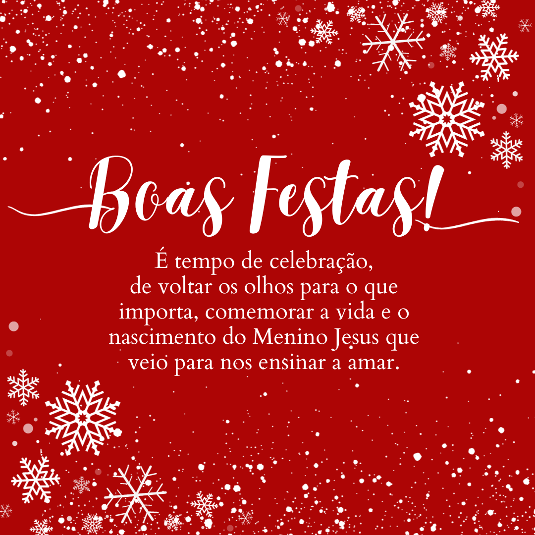 É tempo de celebração, de voltar os olhos para o que importa, comemorar a vida e o nascimento do Menino Jesus que veio para nos ensinar a amar. Que esse Natal seja repleto de graça e bênçãos te preparando ao Ano Novo que está por vir!