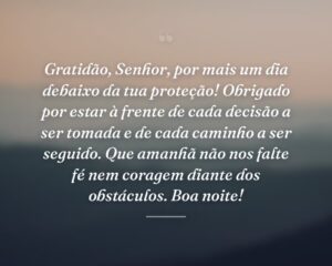 Gratidão, Senhor, por mais um dia debaixo da tua proteção! Obrigado por estar à frente de cada decisão a ser tomada e de cada caminho a ser seguido. Que amanhã não nos falte fé nem coragem diante dos obstáculos. Boa noite!