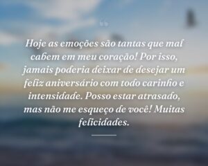 Hoje as emoções são tantas que mal cabem em meu coração! Por isso, jamais poderia deixar de desejar um feliz aniversário com todo carinho e intensidade. Posso estar atrasado, mas não me esqueço de você! Muitas felicidades.