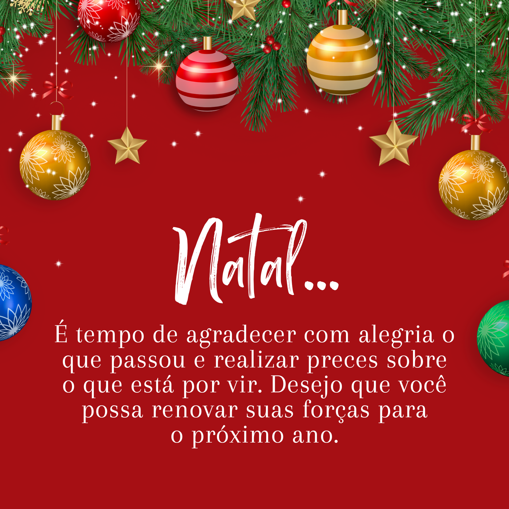 Natal é tempo de renovação, de esperança, amor e paz. É tempo de agradecer com alegria o que passou e realizar preces sobre o que está por vir. Desejo que você possa renovar suas forças para o próximo ano. 