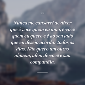 Nunca me cansarei de dizer que é você quem eu amo, é você quem eu quero e é ao seu lado que eu desejo acordar todos os dias. Não quero um outro alguém, além de você e sua companhia.