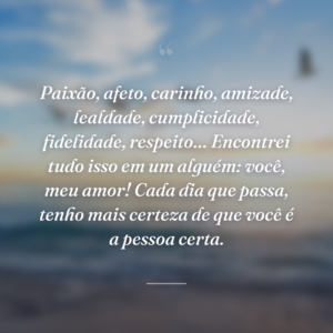 Paixão, afeto, carinho, amizade, lealdade, cumplicidade, fidelidade, respeito… Encontrei tudo isso em um alguém: você, meu amor! Cada dia que passa, tenho mais certeza de que você é a pessoa certa.