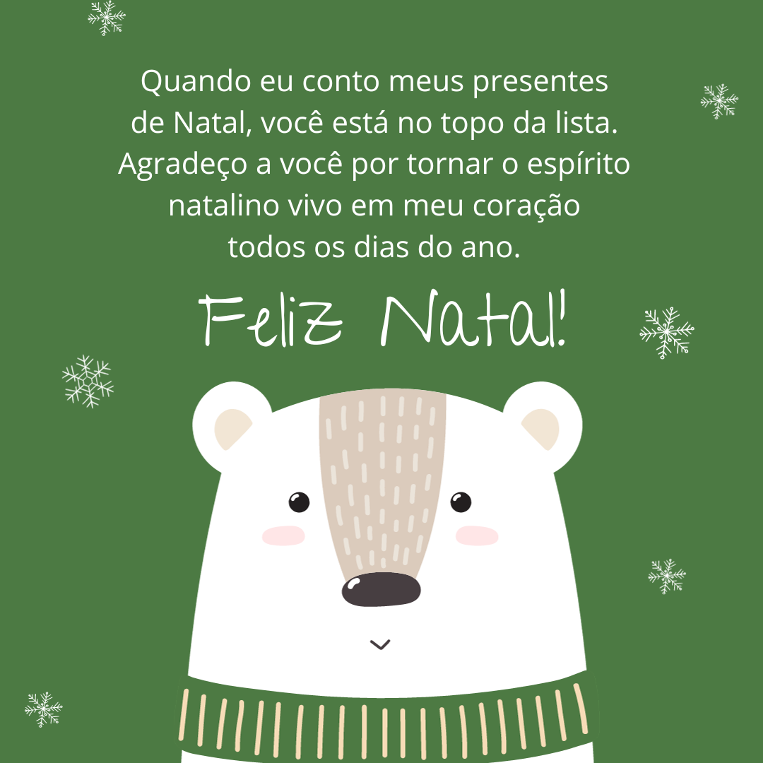 Quando eu conto meus presentes de Natal, você está no topo da lista. Agradeço a você por tornar o espírito natalino vivo em meu coração todos os dias do ano. Feliz Natal! 