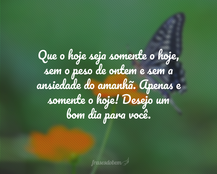 Que o hoje seja somente o hoje, sem o peso de ontem e sem a ansiedade do amanhã. Apenas e somente o hoje! Desejo um bom dia para você.