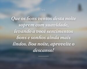 Que os bons ventos desta noite soprem com suavidade, levando a você sentimentos bons e sonhos ainda mais lindos. Boa noite, aproveite o descanso!