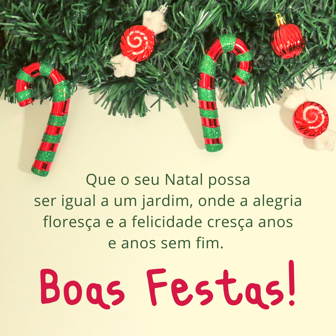 Que o seu Natal possa ser igual a um jardim, onde a alegria floresça e a felicidade cresça anos e anos sem fim. Boas Festas!