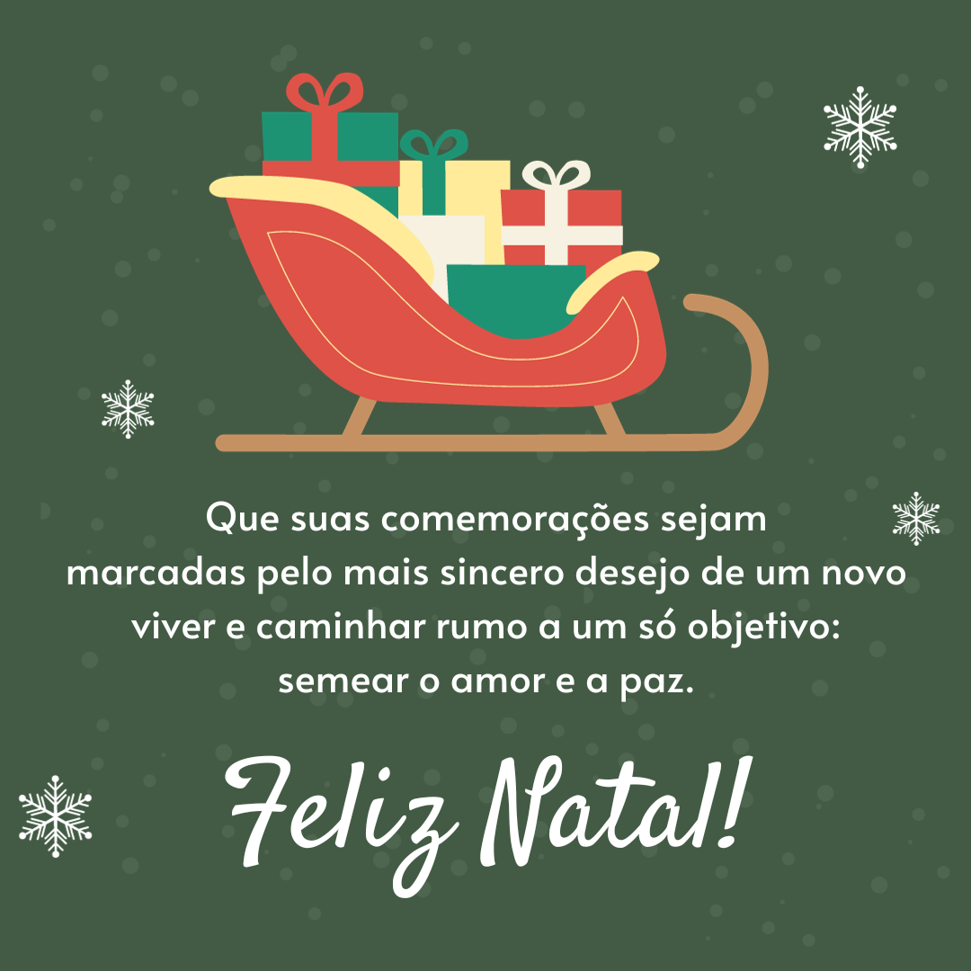 Você é o meu motivo para transbordar gratidão nesse Natal. Que suas comemorações sejam marcadas pelo mais sincero desejo de um novo viver e caminhar rumo a um só objetivo: semear o amor e a paz. Feliz Natal!