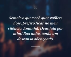 Semeie o que você quer colher: hoje, prefiro ficar no meu silêncio. Amanhã, Deus fala por mim! Boa noite, tenha um descanso abençoado.