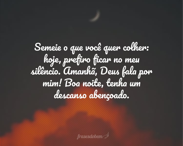 Semeie o que você quer colher: hoje, prefiro ficar no meu silêncio. Amanhã, Deus fala por mim! Boa noite, tenha um descanso abençoado.
