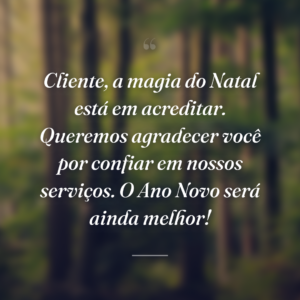 Cliente, a magia do Natal está em acreditar. Queremos agradecer você por confiar em nossos serviços. O Ano Novo será ainda melhor!