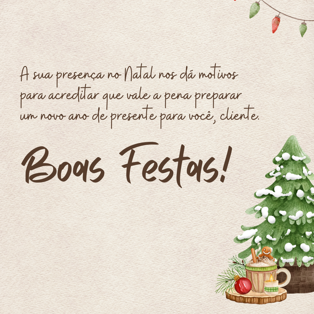 A sua presença no Natal nos dá motivos para acreditar que vale a pena preparar um novo ano de presente para você, cliente. Boas Festas!