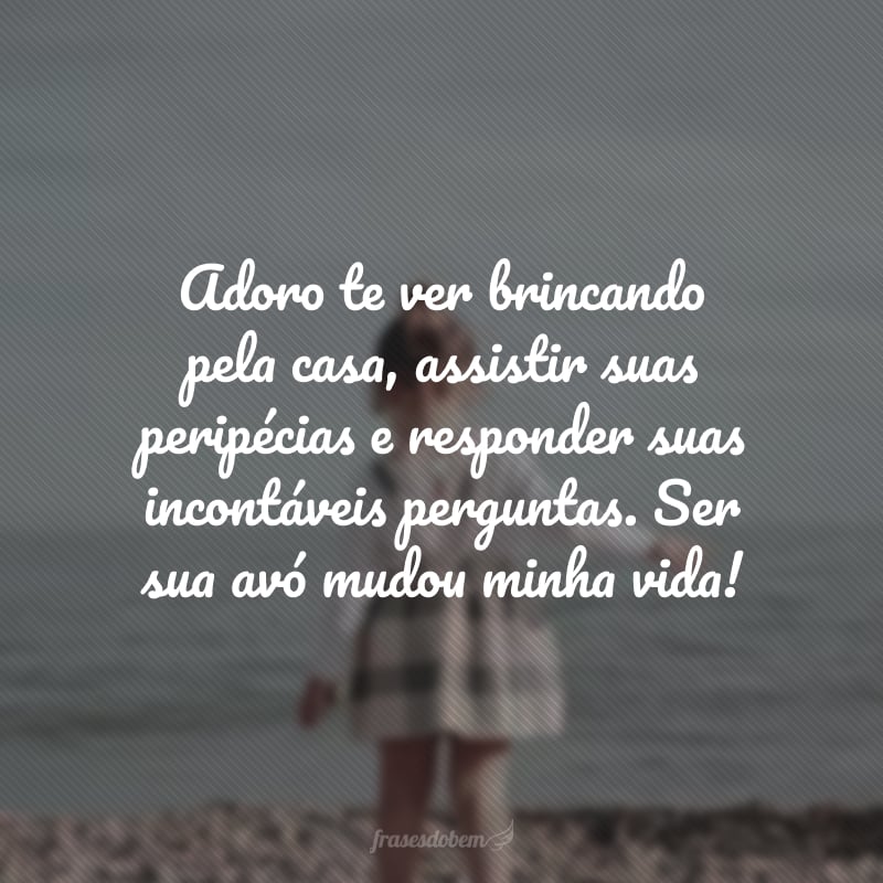 Adoro te ver brincando pela casa, assistir suas peripécias e responder suas incontáveis perguntas. Ser sua avó mudou minha vida! 