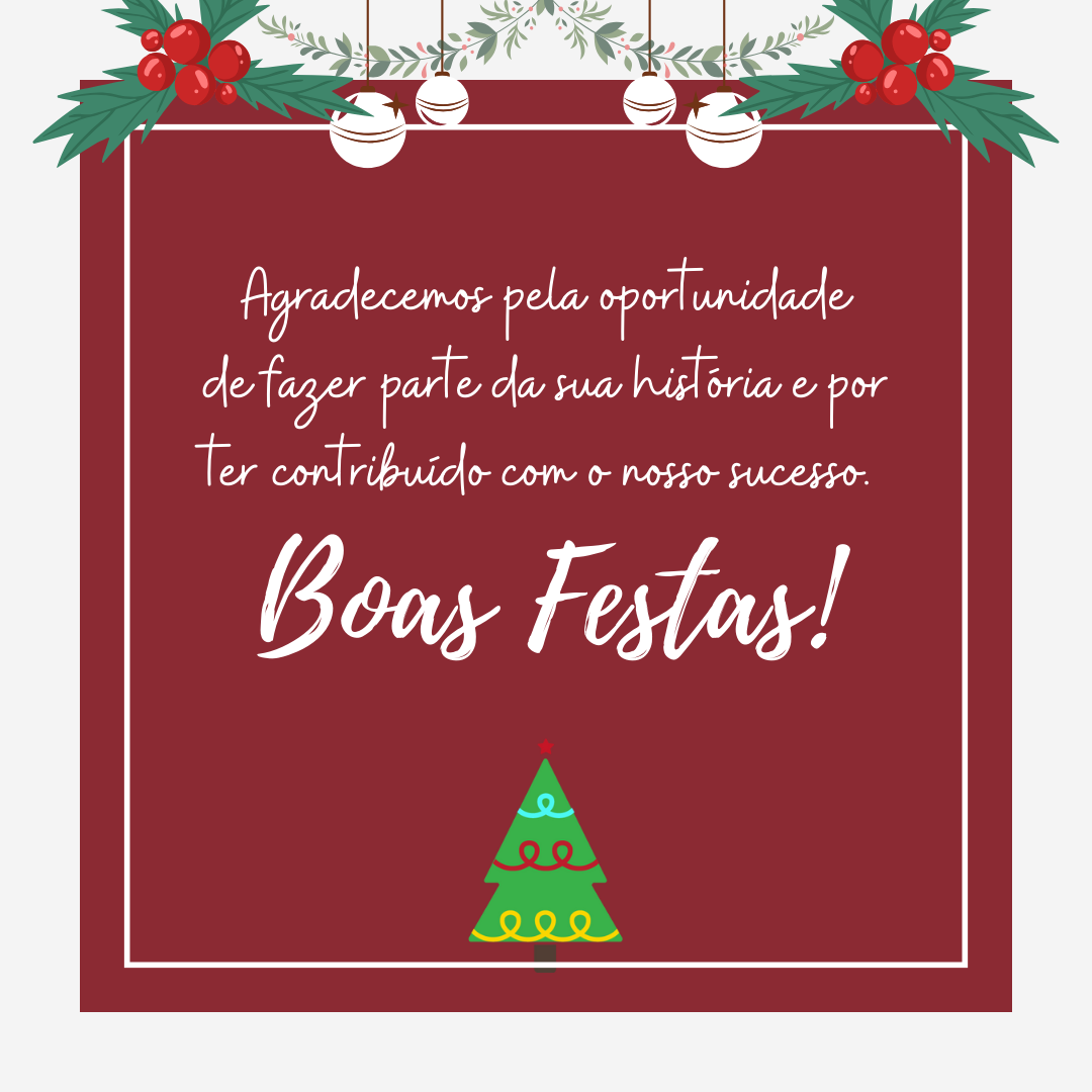 Agradecemos pela oportunidade de fazer parte da sua história e por ter contribuído com o nosso sucesso. Boas Festas!