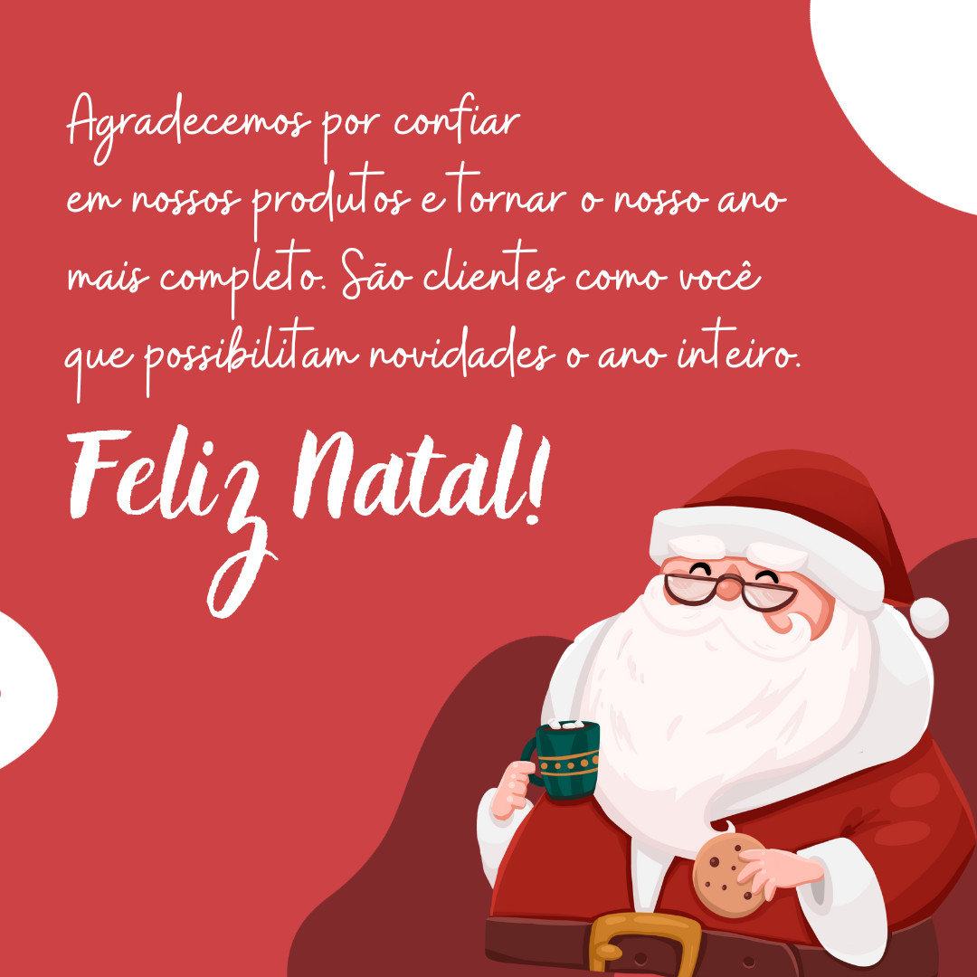 Agradecemos por confiar em nossos produtos e tornar o nosso ano mais completo. São clientes como você que possibilitam novidades o ano inteiro. Feliz Natal! 