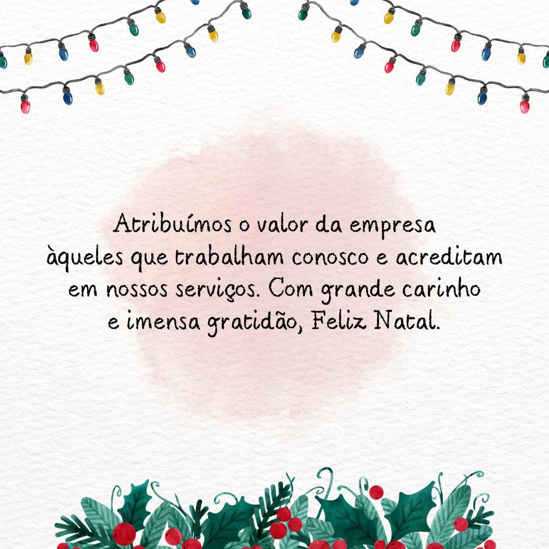 Atribuímos o valor da empresa àqueles que trabalham conosco e acreditam em nossos serviços. Com grande carinho e imensa gratidão, Feliz Natal.