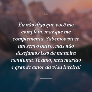 Eu não digo que você me completa, mas que me complementa. Sabemos viver um sem o outro, mas não desejamos isso de maneira nenhuma. Te amo, meu marido e grande amor da vida inteira!