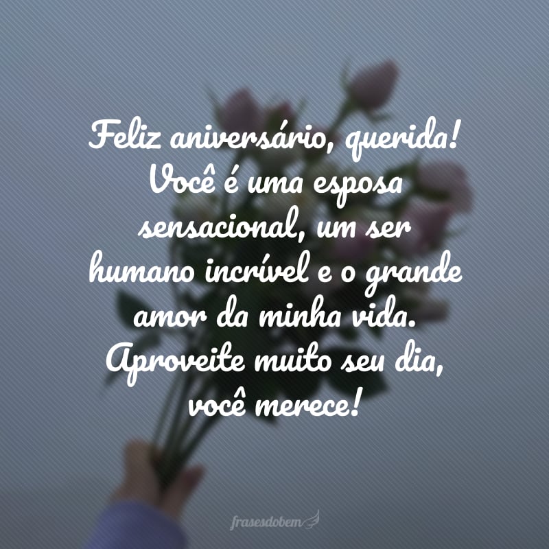 Feliz aniversário, querida! Você é uma esposa sensacional, um ser humano incrível e o grande amor da minha vida. Aproveite muito seu dia, você merece!