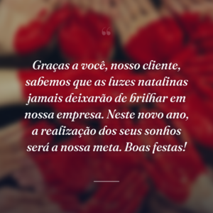 Graças a você, nosso cliente, sabemos que as luzes natalinas jamais deixarão de brilhar em nossa empresa. Neste novo ano, a realização dos seus sonhos será a nossa meta. Boas festas!