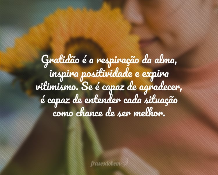 Gratidão é a respiração da alma, inspira positividade e expira vitimismo. Se é capaz de agradecer, é capaz de entender cada situação como chance de ser melhor.