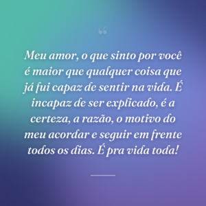 Meu amor, o que sinto por você é maior que qualquer coisa que já fui capaz de sentir na vida. É incapaz de ser explicado, é a certeza, a razão, o motivo do meu acordar e seguir em frente todos os dias. É pra vida toda!