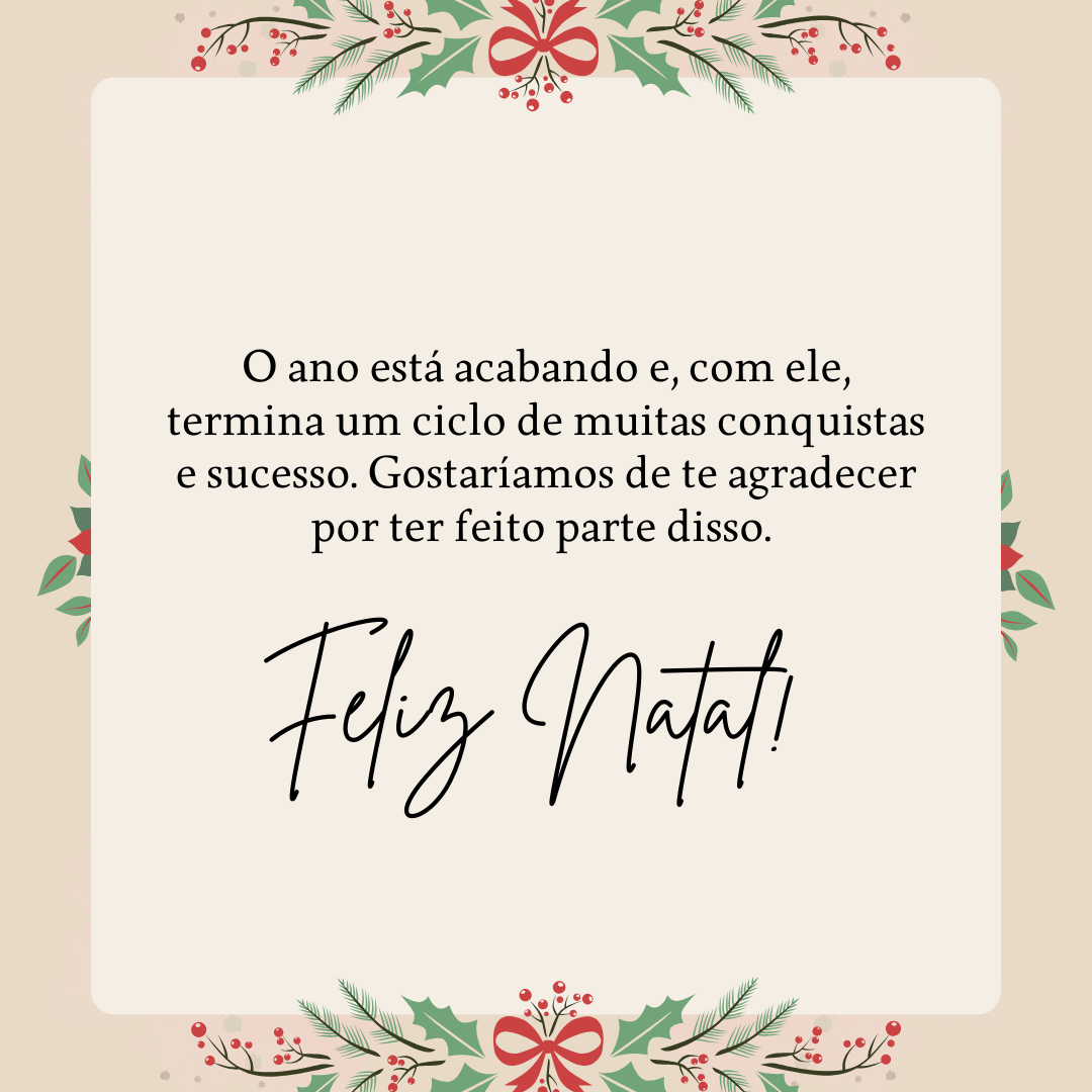 O ano está acabando e, com ele, termina um ciclo de muitas conquistas e sucesso. Gostaríamos de te agradecer por ter feito parte disso. Feliz Natal! 