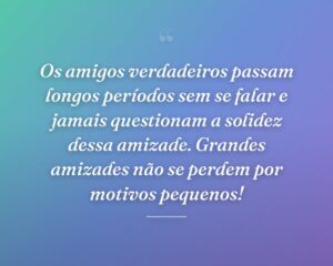 Os amigos verdadeiros passam longos períodos sem se falar e jamais questionam a solidez dessa amizade. Grandes amizades não se perdem por motivos pequenos!