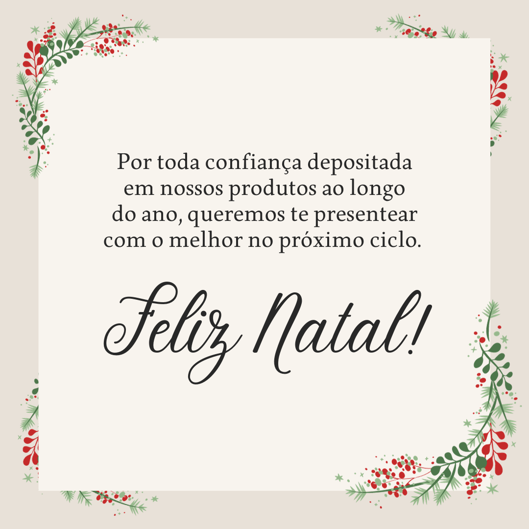 Por toda confiança depositada em nossos produtos ao longo do ano, queremos te presentear com o melhor no próximo ciclo. Feliz Natal!