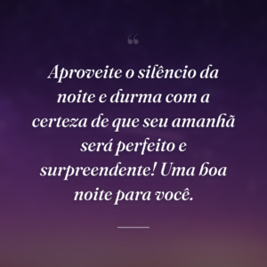 Aproveite o silêncio da noite e durma com a certeza de que seu amanhã será perfeito e surpreendente! Uma boa noite para você.