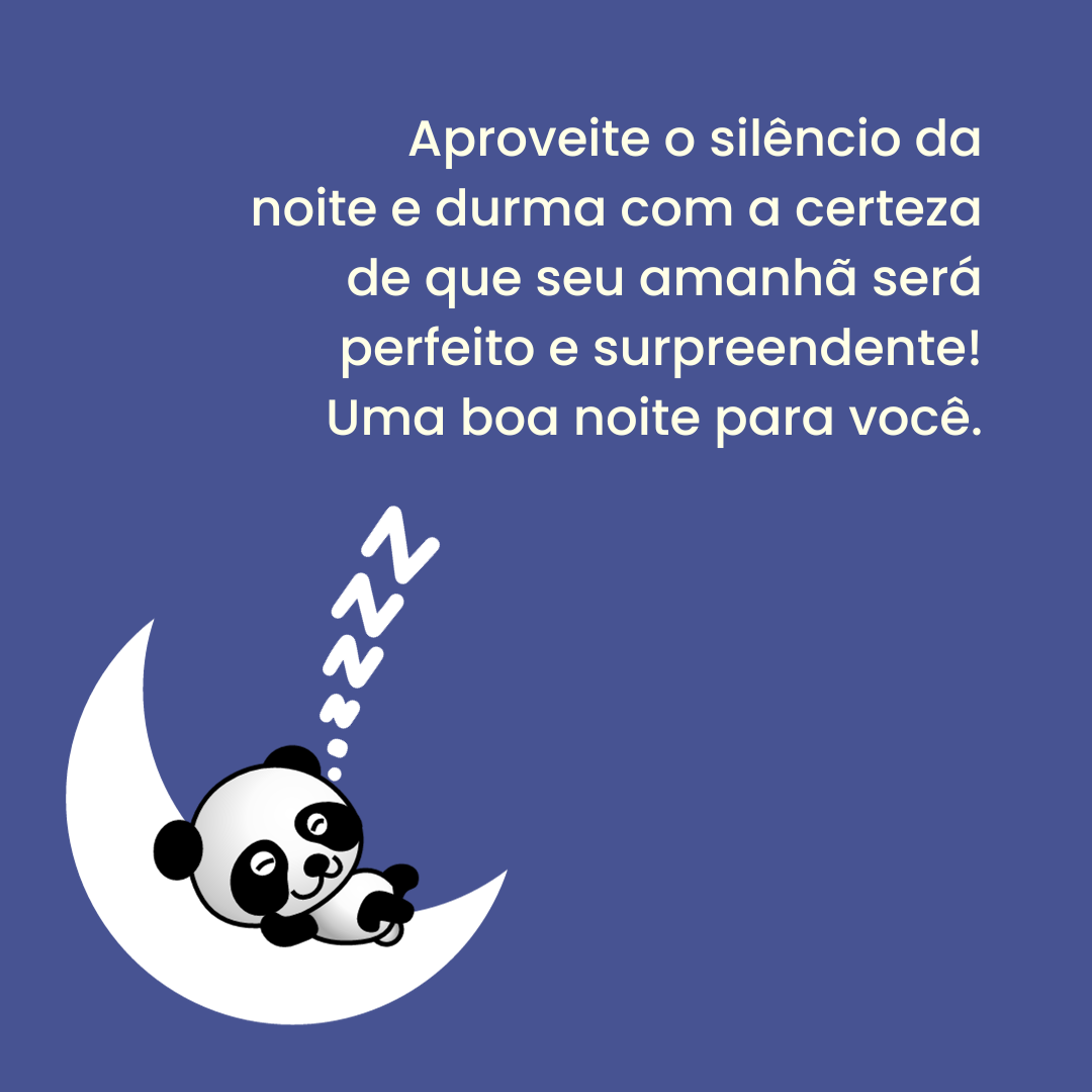 Aproveite o silêncio da noite e durma com a certeza de que seu amanhã será perfeito e surpreendente! Uma boa noite para você.