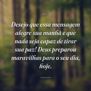 Desejo que essa mensagem alegre sua manhã e que nada seja capaz de tirar sua paz! Deus preparou maravilhas para o seu dia, hoje.