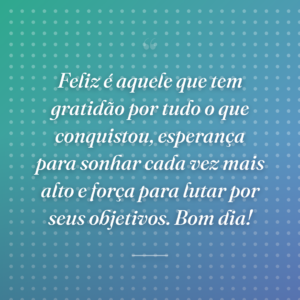 Feliz é aquele que tem gratidão por tudo o que conquistou, esperança para sonhar cada vez mais alto e força para lutar por seus objetivos. Bom dia!