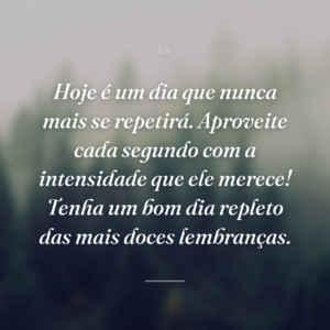 Hoje é um dia que nunca mais se repetirá. Aproveite cada segundo com a intensidade que ele merece! Tenha um bom dia repleto das mais doces lembranças.