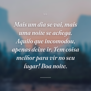 Mais um dia se vai, mais uma noite se achega. Aquilo que incomodou, apenas deixe ir. Tem coisa melhor para vir no seu lugar! Boa noite.
