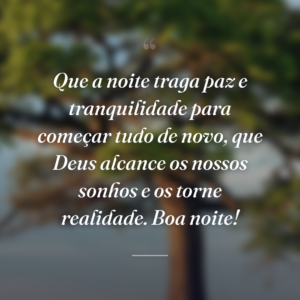 Que a noite traga paz e tranquilidade para começar tudo de novo, que Deus alcance os nossos sonhos e os torne realidade. Boa noite!
