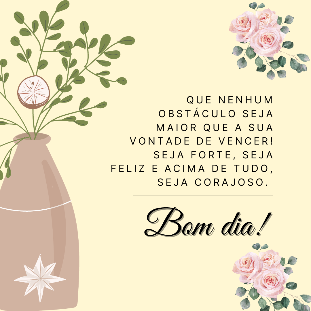 Que nenhum obstáculo seja maior que a sua vontade de vencer! Seja forte, seja feliz e acima de tudo, seja corajoso. Bom dia!