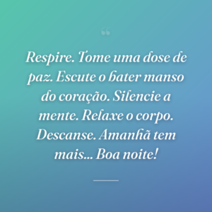 Respire. Tome uma dose de paz. Escute o bater manso do coração. Silencie a mente. Relaxe o corpo. Descanse. Amanhã tem mais... Boa noite!