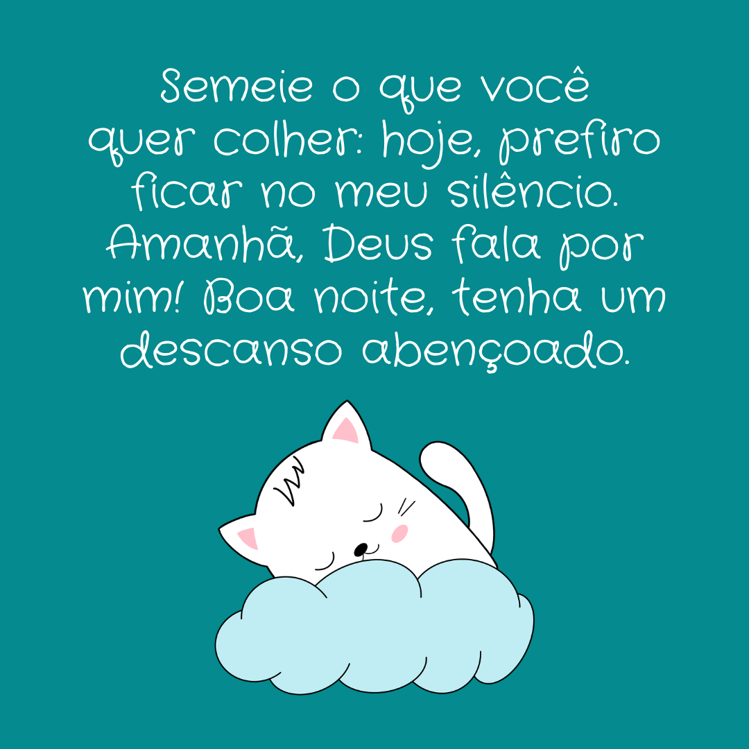 Semeie o que você quer colher: hoje, prefiro ficar no meu silêncio. Amanhã, Deus fala por mim! Boa noite, tenha um descanso abençoado.