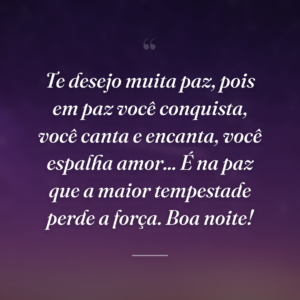 Te desejo muita paz, pois em paz você conquista, você canta e encanta, você espalha amor... É na paz que a maior tempestade perde a força. Boa noite!