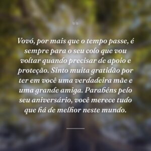 Vovó, por mais que o tempo passe, é sempre para o seu colo que vou voltar quando precisar de apoio e proteção. Sinto muita gratidão por ter em você uma verdadeira mãe e uma grande amiga. Parabéns pelo seu aniversário, você merece tudo que há de melhor neste mundo.