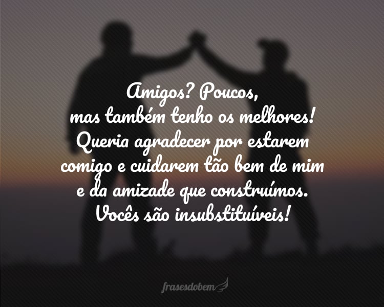 Amigos? Poucos, mas também tenho os melhores! Queria agradecer por estarem comigo e cuidarem tão bem de mim e da amizade que construímos. Vocês são insubstituíveis!