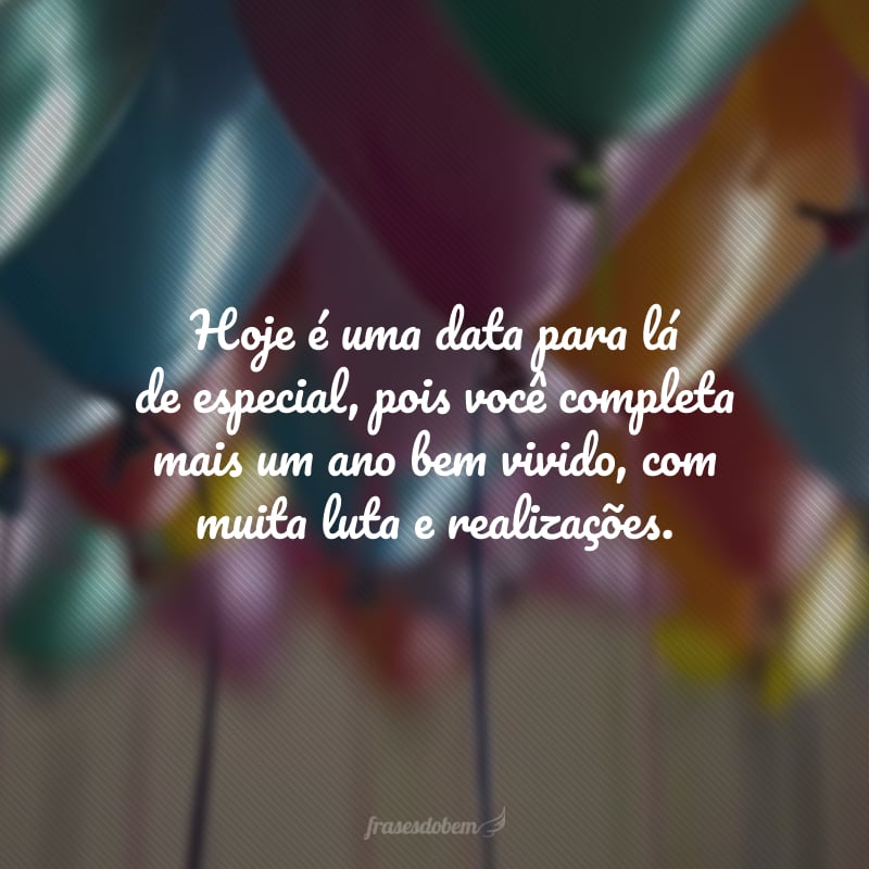 Hoje é uma data para lá de especial, pois você completa mais um ano bem vivido, com muita luta e realizações. Que essas experiências se transformem em sabedoria e guiem seu caminho na nova idade. Feliz aniversário!