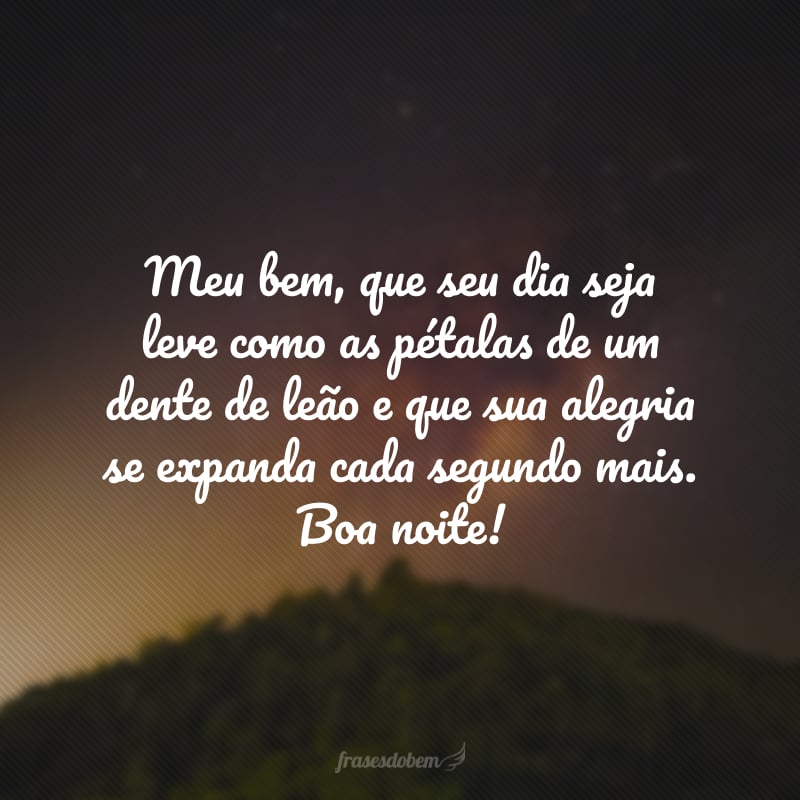 Meu bem, que seu dia seja leve como as pétalas de um dente de leão e que sua alegria se expanda cada segundo mais. Boa noite! 